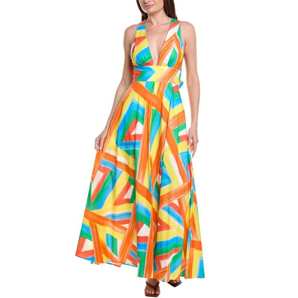 Milly Womens  Catarina Multi Stripe Poplin Maxi Dress, Orange
